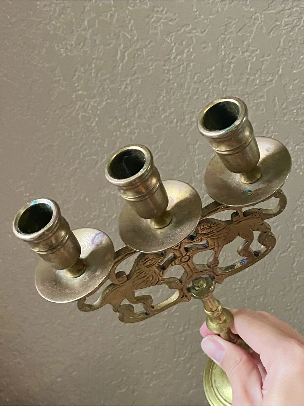 Brass Triple-Arm Lion Motif Candelabra